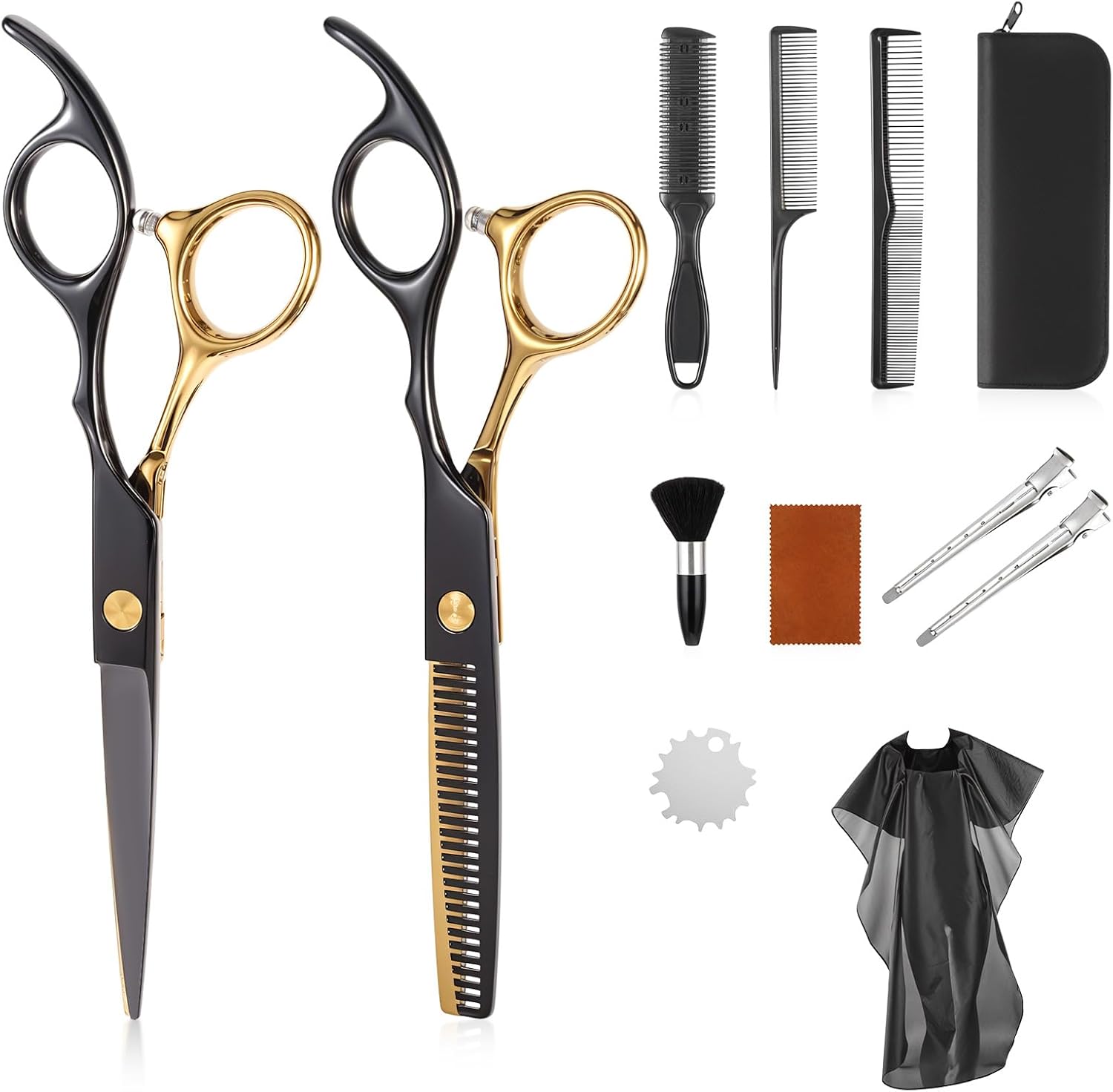 12 Pcs Hair Cutting Scissors Kit, Hair Scissors Professional Haircut Scissor with Stainless Steel Barber Shears, Thinning Shears, Haircut Accessories in Leather Case for Salon/Home, Gold Black