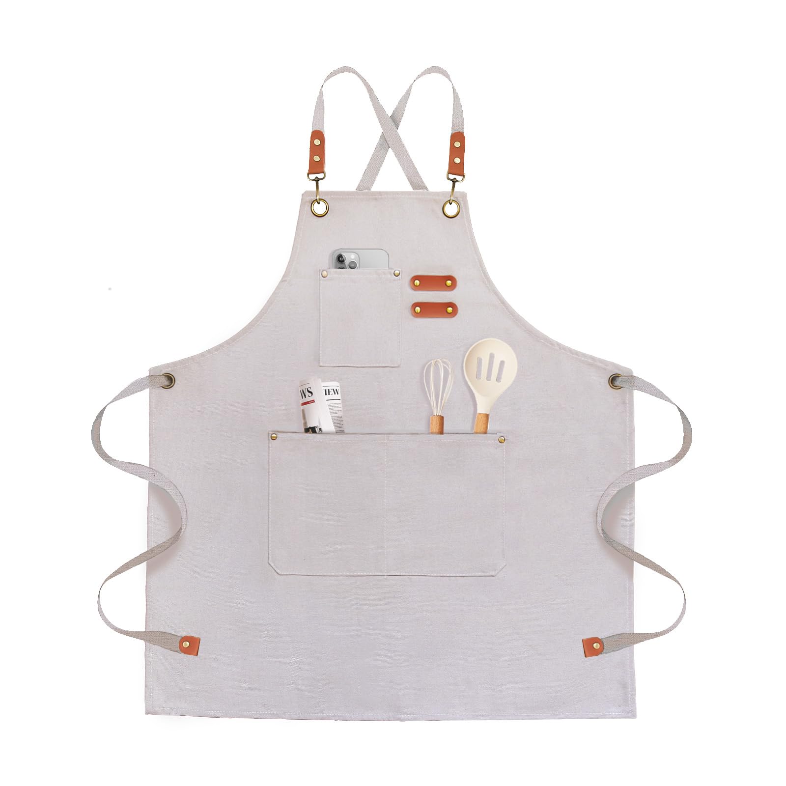 Chef Apron for Men Women Canvas Aprons with 3 Pockets Cross Back Resistant Work Apron for Cooking