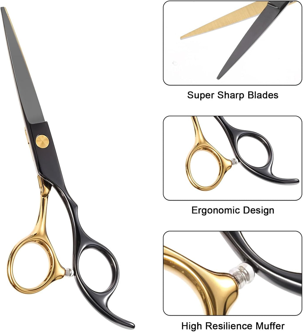 12 Pcs Hair Cutting Scissors Kit, Hair Scissors Professional Haircut Scissor with Stainless Steel Barber Shears, Thinning Shears, Haircut Accessories in Leather Case for Salon/Home, Gold Black