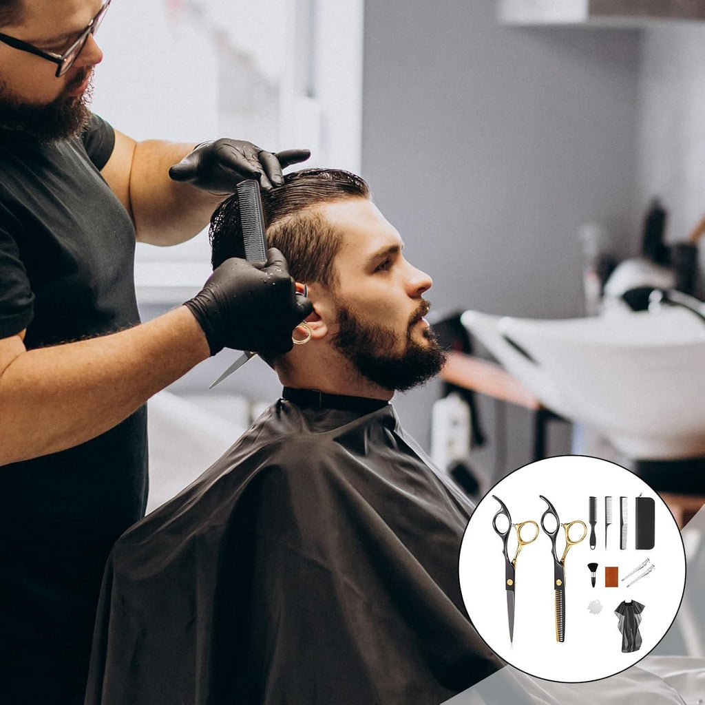 12 Pcs Hair Cutting Scissors Kit, Hair Scissors Professional Haircut Scissor with Stainless Steel Barber Shears, Thinning Shears, Haircut Accessories in Leather Case for Salon/Home, Gold Black