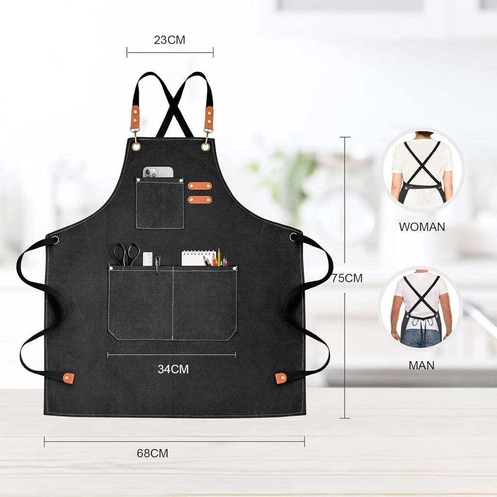 Chef Apron for Men Women Canvas Aprons with 3 Pockets Cross Back Resistant Work Apron for Cooking