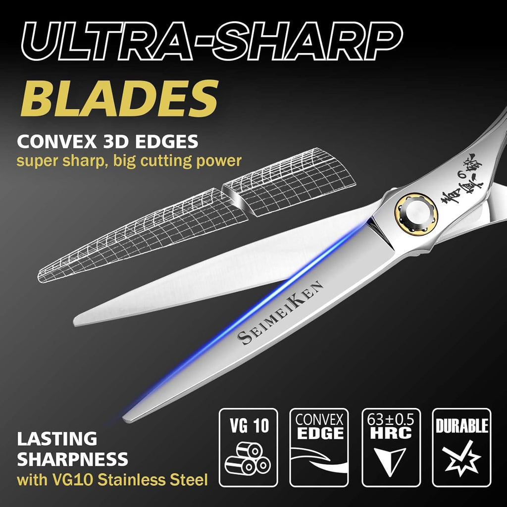 6 Inch Professional Hair Cutting Scissors – Japanese VG10 Stainless Steel, Extremely Sharp Convex Blade with Ergonomic Handle, Adjustment Screw, Barber Shears for Barbers and Salon Professionals