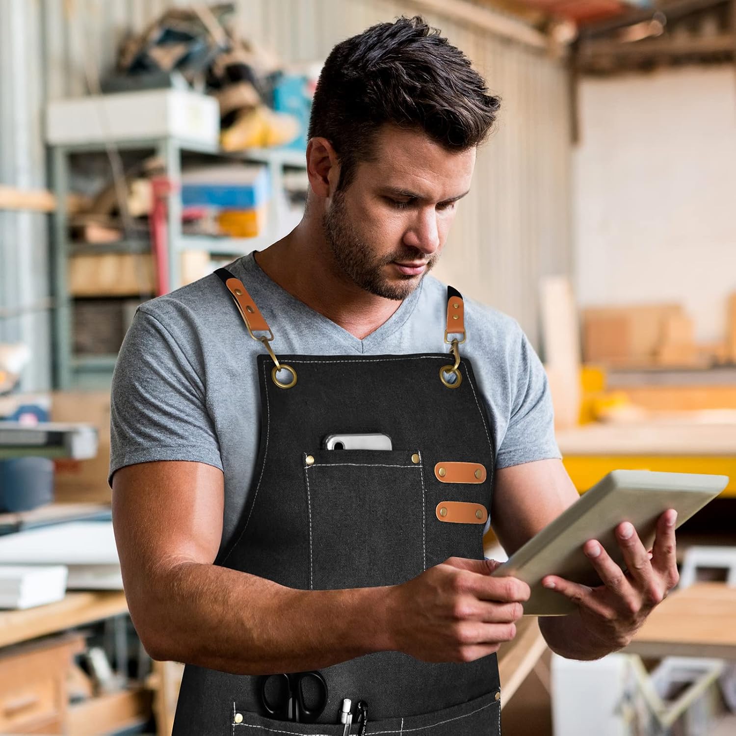 Chef Apron for Men Women Canvas Aprons with 3 Pockets Cross Back Resistant Work Apron for Cooking