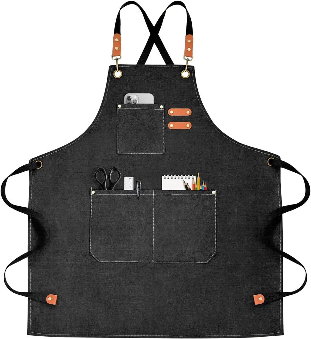 Chef Apron for Men Women Canvas Aprons with 3 Pockets Cross Back Resistant Work Apron for Cooking