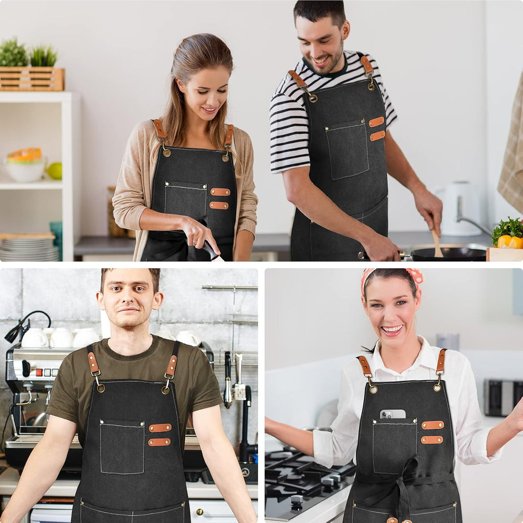 Chef Apron for Men Women Canvas Aprons with 3 Pockets Cross Back Resistant Work Apron for Cooking