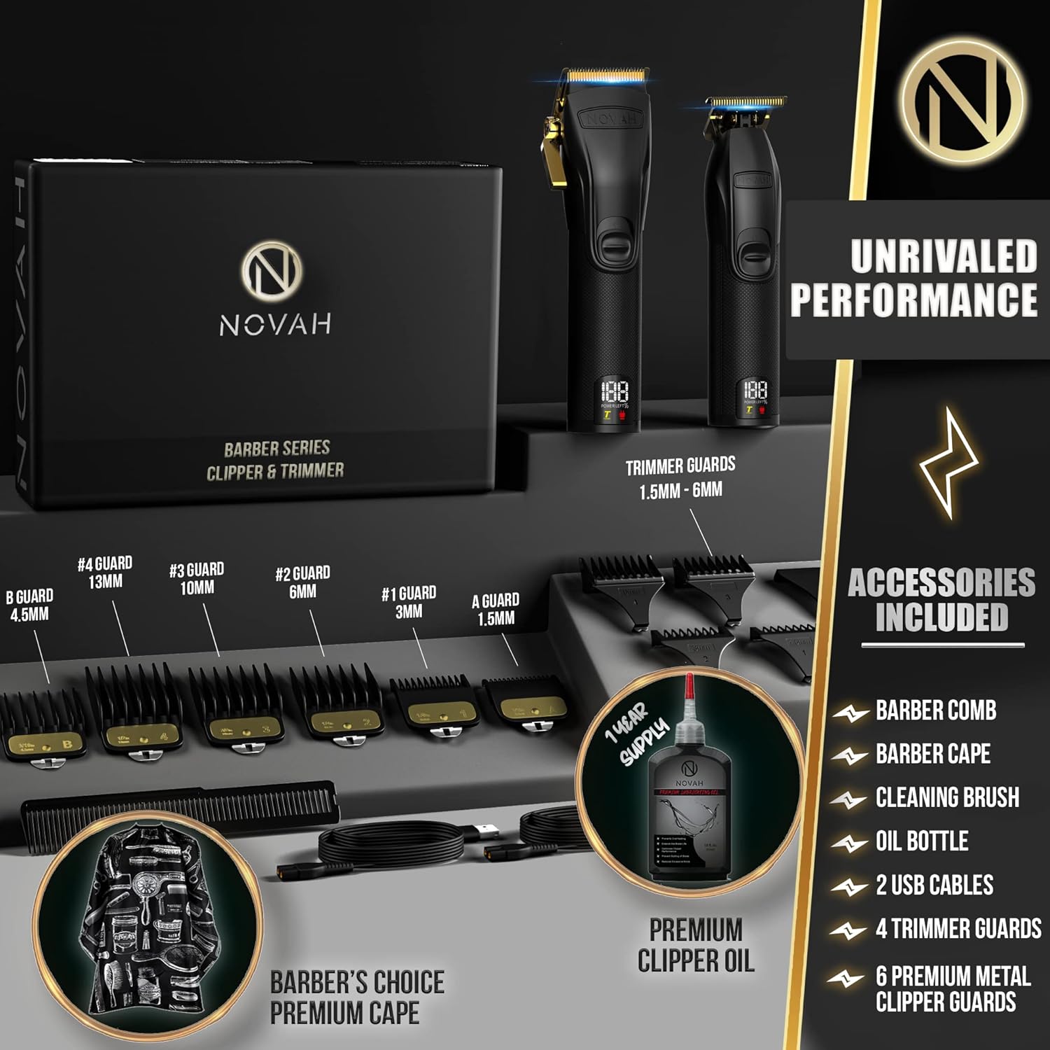 Novah® Professional Hair Clippers for Men, Professional Barber Clippers and Trimmer Set, Mens Cordless Hair Clipper for Barbers Haircut Fading Kit Fade - Gold